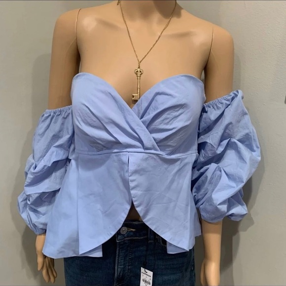 WHITE EYELASH Blue Off The Shoulder Puff Sleeve Top Size M Excellent Condition - Picture 4 of 11